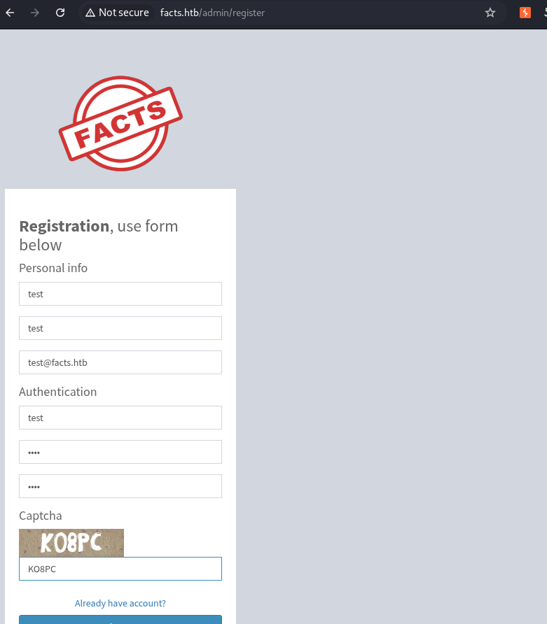 Admin panel after successful registration